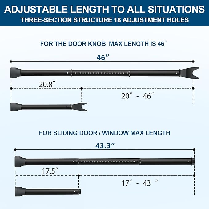 Door Security Bar, Rerishom Door Stoppers Security bar,Heavy Duty Door Lock Security Door Jammer Door Stopper for Apartment, Hotel Room,Screen Door Hardware (Dark Black, 1 Pack)