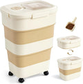 ZOMISIA 40-50lbs Dog Food Storage Container, Large Capacity Collapsible Airtight Pet Food Storage Containers with Rolling Wheels, Transparent Lid, Scoop and Date Track, Khaki