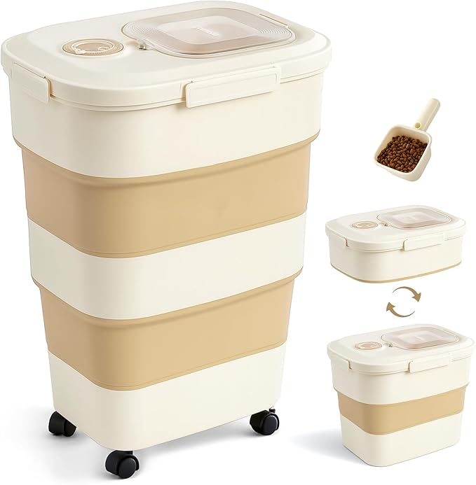 ZOMISIA 40-50lbs Dog Food Storage Container, Large Capacity Collapsible Airtight Pet Food Storage Containers with Rolling Wheels, Transparent Lid, Scoop and Date Track, Khaki