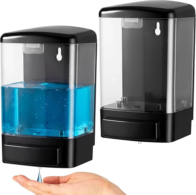 Hushee 2 Pcs Plastic Wall Mounted Soap Dispenser Commercial Manual Soap Containers Wall Dispenser for Kitchen Shower Hotel Liquid Shampoo Gel Chamber (33.8 oz 1000 ml,Black and Clear)