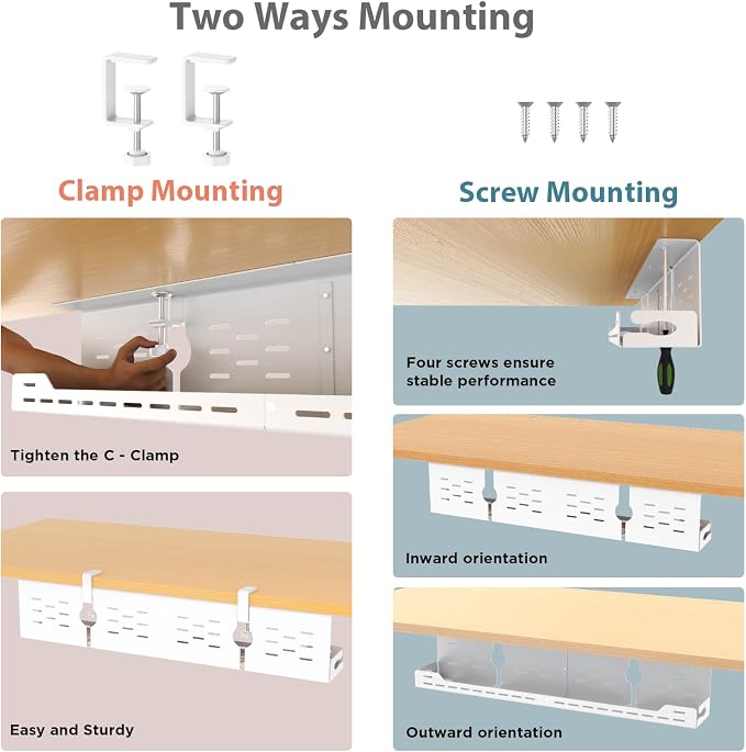 Univivi Under Desk Cable Management Tray - 32" Steel Cord Organizer, No-Drill C-Clamp & Screw Mount for Office/Home, Effortless Wire Management (White)