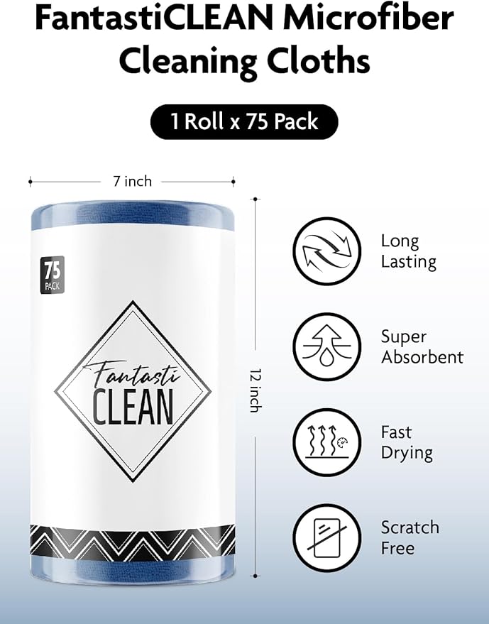 Fantasticlean Microfiber Cleaning Cloth Roll -75 Pack, Tear Away Microfiber Towels, 12" x 12", Reusable, Washable, Scratch Free, Ultra Absorbent for All-Around Cleaning Supplies (Navy Blue)