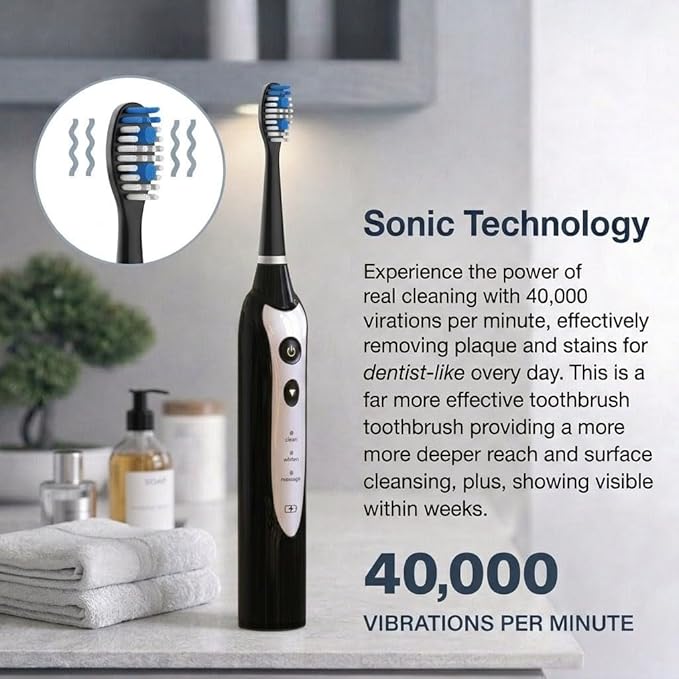 Sonic Electric Toothbrush for Adults, Rechargeable Power Toothbrush with 5 Replacement Heads, Travel Case, 3 Modes, 2 Minute Timer, IPX7 Waterproof Cordless Electric Toothbrush | Black