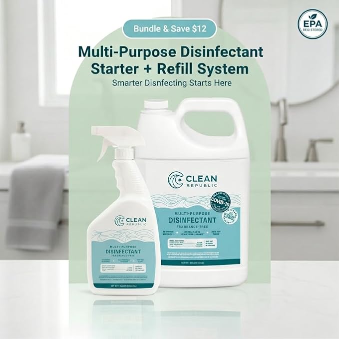 Clean Republic Good Salt Home Multi-Purpose Disinfectant Starter and Refill System, Everyday Surface Spray 32 oz and 1 Gallon Refill, Ideal for Home and Workspaces, Continuous Cleaning Action