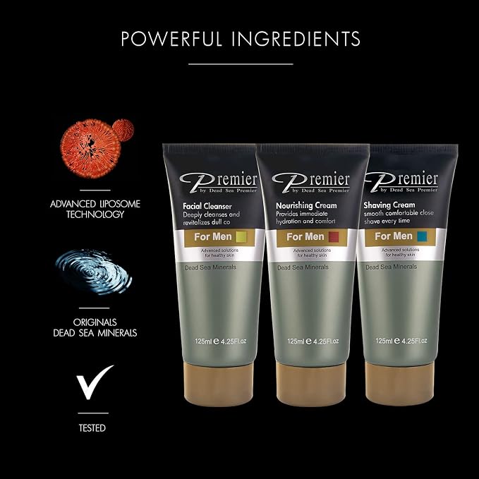 Premier Dead Sea Men's Care Kit - 3 x 4.2 fl oz | Nourishing Cream, Shaving Cream & Facial Cleanser - Gentle, Anti-Wrinkle, firming, Sensitive Skin, Daily Use