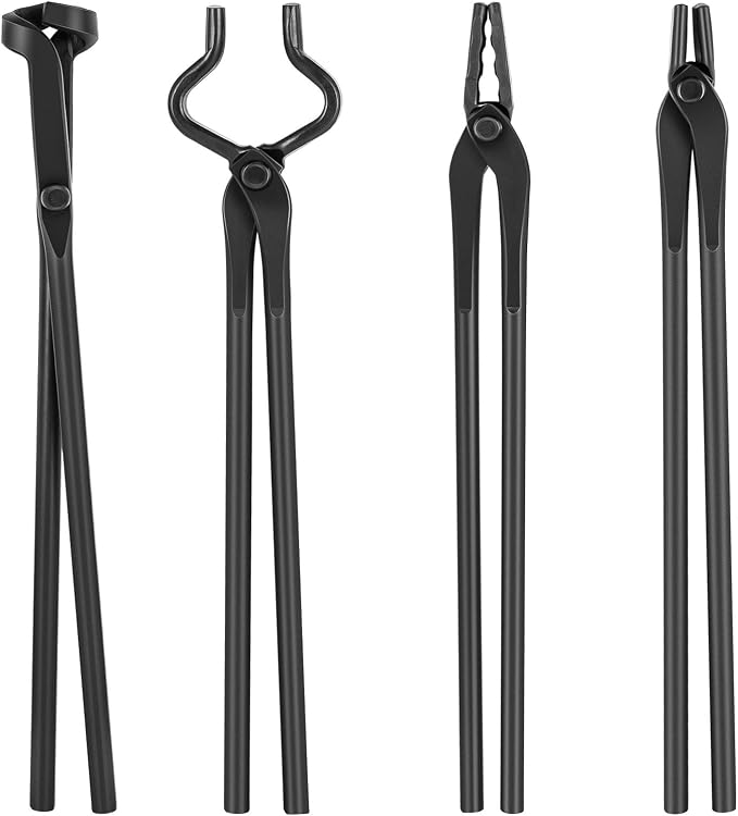 Blacksmith Tongs - V-Bit, Blade, Flat, Wolf Jaw Forge Tong (4PCS) | Assembled Steel Knife Making Tong Set for Blacksmithing Bladesmith Bladesmithing