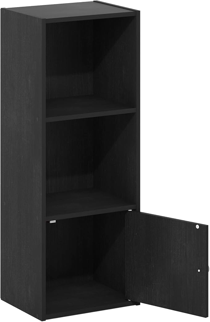 Furinno LUDER Book Shelf, 3-Tier Modern Bookshelf, Bookcase with 1 Door Storage Cabinet, 9.3 x 12 x 31.5, for Organization and Storage, for Living Room, Bedroom, Home Office, Blackwood