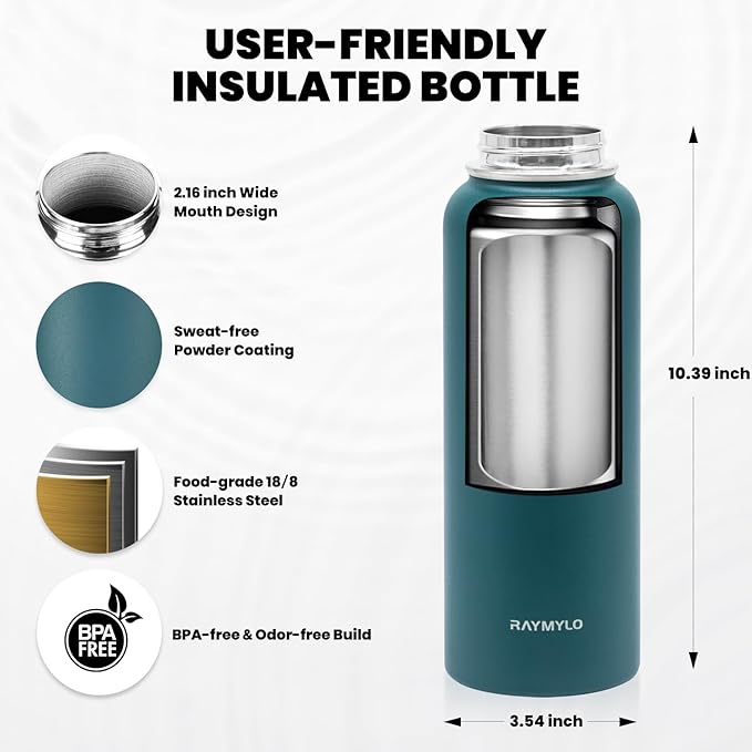 RAYMYLO Insulated Water Bottle 40 oz, Triple Wall Vacuum Stainless Steel (Cold for 36Hrs, Hot for 18Hrs), Leak Proof & Non-BPA, Modern Water Flask Jug with Paracord Handle & Straw Spout Lids