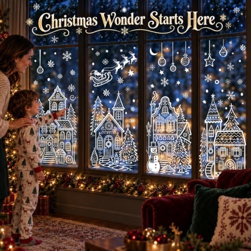 Extra Large Village Christmas Window Clings, Winter White House Stickers