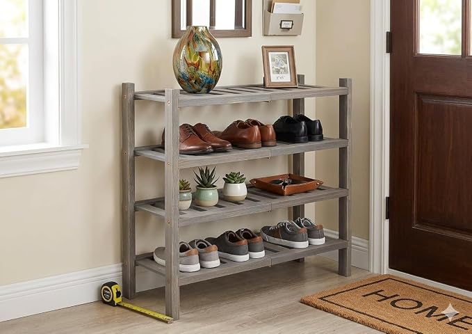 2-Tier Acacia Wood Stackable Shoe Rack - Brush Grey
