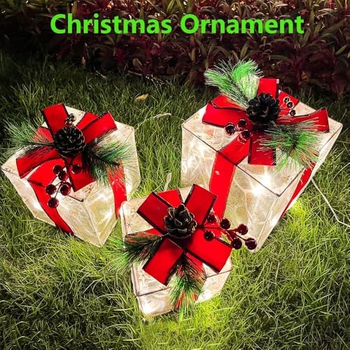 Christmas Decorations Indoor, Lauzior Set of 3 Christmas Lighted Gift Boxes 60 LED Light Up Xmas Present Ornament for Tree Indoor Outdoor Yard Holiday Door Decor- Small, Warm White Xmas Lights