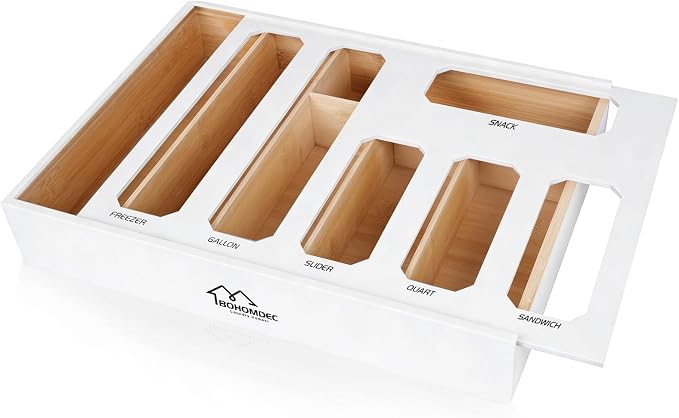 6 in 1 Bamboo Ziploc Bag Storage Organizer, White Baggie Organizer for Drawer with Sliding Lid - Fits Gallon, Quart, Sandwich, Snack & Freezer Bags, Wall Mountable Kitchen Drawer Organization