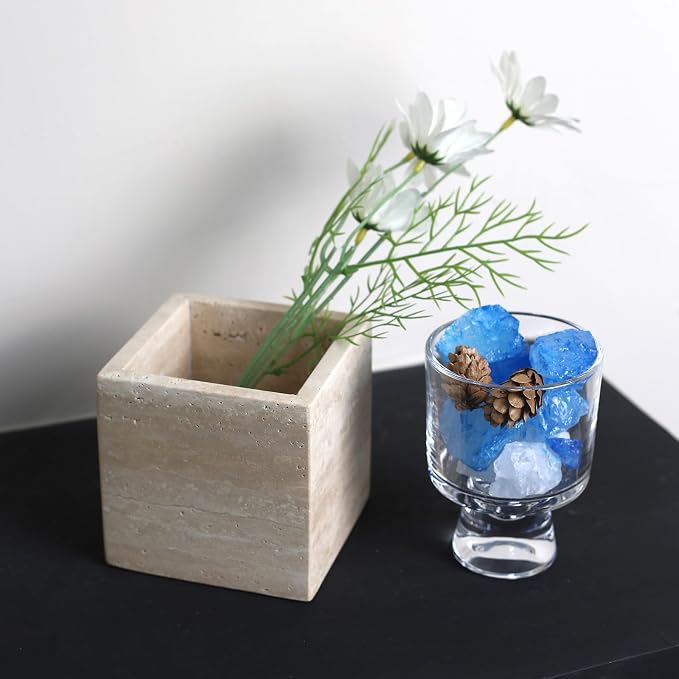 Natural Stone Makeup Brush Holder for Vanity, Marble Toothbrush Holder for Bathroom, Luxurious Countertop Organizer, Travertine Bathroom Accessories Beige Square