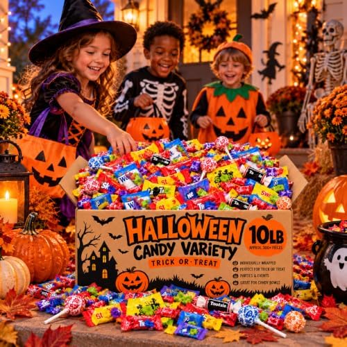 Halloween Bulk Candy Assortment; Approximately 300+ pieces; Individually Wrapped For Easy sharing; assorted flavors, textures, shapes, and colors; ideal for trick-or-treat bags, candy bowls, parties, events, offices, and classrooms.