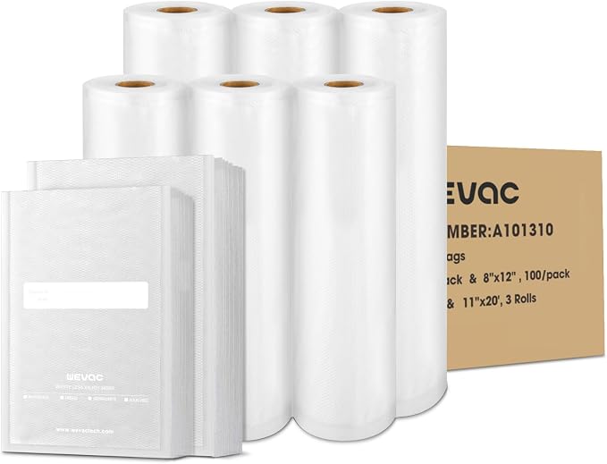 Wevac Vacuum Sealer Bags, Multiple Sizes, 200Pack Precut Bags, 6 Vac Rolls | 11''x20', 8''x20' 3 Rolls, Quart 8"x12" ,Pint 6"x10" 100pcs, BPA Free, Bulk Food Storage, Meat, Work with All the Vacuumer