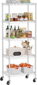 Golpart Small 5 Tier Shelves Storage Wire Shelving Unit Metal Shelf Adjustable Organizers Storage Shelving with Wheels for Bathroom Laundry Room Kitchen Pantry11.7”D x 17.7”W x 57.2”H White
