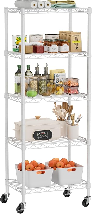 Golpart Small 5 Tier Shelves Storage Wire Shelving Unit Metal Shelf Adjustable Organizers Storage Shelving with Wheels for Bathroom Laundry Room Kitchen Pantry11.7”D x 17.7”W x 57.2”H White