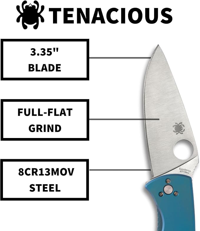 Spyderco Tenacious Folding Pocket Knife, PlainEdge | 7.74" Overall Length, 3.3" 8Cr13MoV Steel Blade, Titanium Handle, R.I.L Lock, Full-Flat Grind