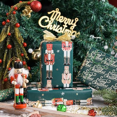 WRAPAHOLIC 30 Inch Nutcracker Christmas Wrapping Paper Roll - Jumbo Roll Green Christmas Tree, Snowflakes and Nutcracker with Metallic Foil Shine Design - 4 Rolls - 30 Inch x 120 Inch Per Roll