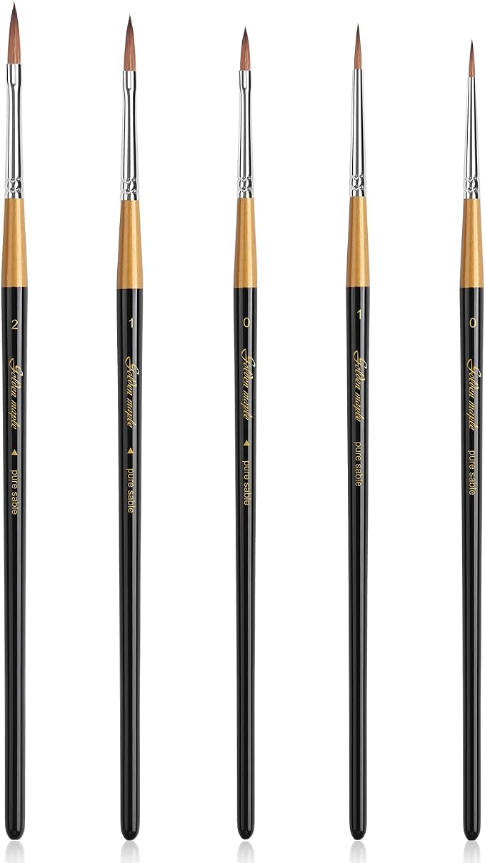 Golden Maple Kolinsky Sable Miniature Paint Brushes, 5PC Professional Detail Paint Brushes Arrow Point Paint Brush Set for Models, Watercolor Details, Figures & Gouache Painting, Black