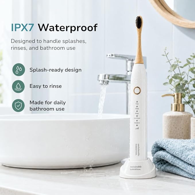 Sustainable Tomorrow Zen Bamboo Electric Toothbrush, Durable Wood-Grain ABS Handle, Rechargeable w/Plant-Based Soft Bristles, Bamboo Heads, 5 Modes & 30-Day Battery (White)