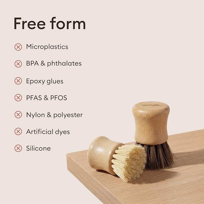 Vove Bamboo Dish Scrub Brush Set, 3-Pack Plastic-Free Kitchen Brushes for Dishes Pots and Cast Iron, FSC-Certified Bamboo with Natural Sisal and Union Fiber Bristles, 2 Hard and 1 Medium Brush