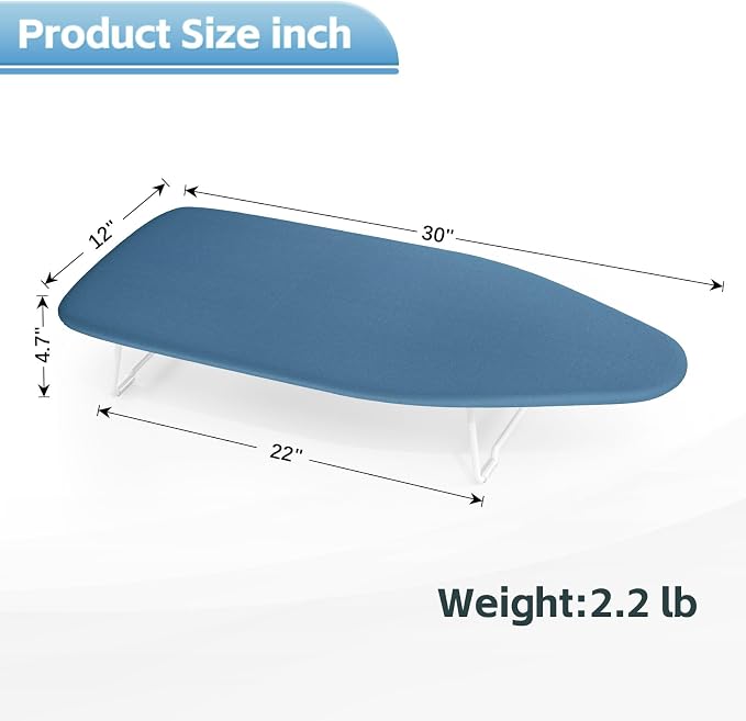Small Ironing Board top with Heat Resistant Cover, Compact Mini Ironing Board with Metal mesh Frame,for Dorm,Apartment and Travel, Hook for Hanging, Iron Board, Iron Table Stand 12”×30” Pure Blue