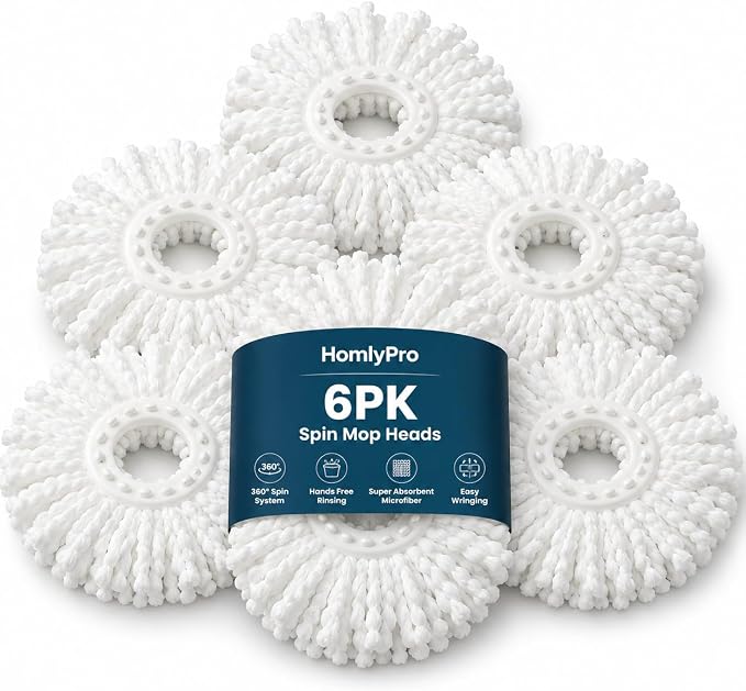 Spin Mop and Bucket Set Replacement Heads 6 Pack - Microfiber Pads for Mop and Bucket Cleaning Sets, Washable and Reusable Heads for All Hard Floors, Tiles, Laminate & Wood