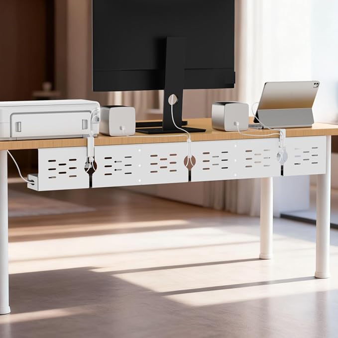 Univivi Under Desk Cable Management Tray - 48" Steel Cord Organizer, No-Drill C-Clamp & Screw Mount for Office/Home, Effortless Wire Management (White)