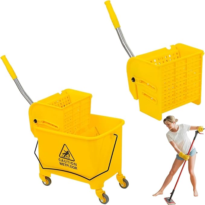 Mop Bucket with Wringer on Wheels, 20 Quart Heavy Duty Side Press Wringer Combo, Commercial Cleaning Cart Mop and Bucket Set for Home Office
