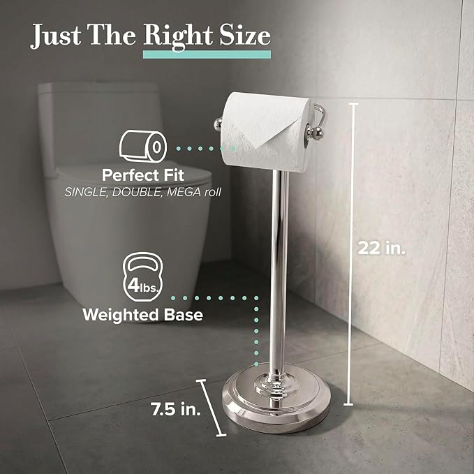 Gatco 1436PN Toilet Paper Holder Stand, Freestanding Floor Stand for Bathroom, Polished Nickel, Weighted Base, 22 Inch