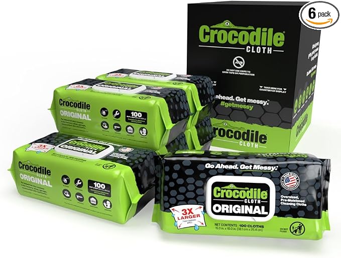 Crocodile Cloth Original Cleaning Wipes, Heavy-Duty Multi-Surface Hand & Tool Wipes, Water-Based, Safe on Skin, 600 Count (6 Packs of 100), 15 x 10 Inch