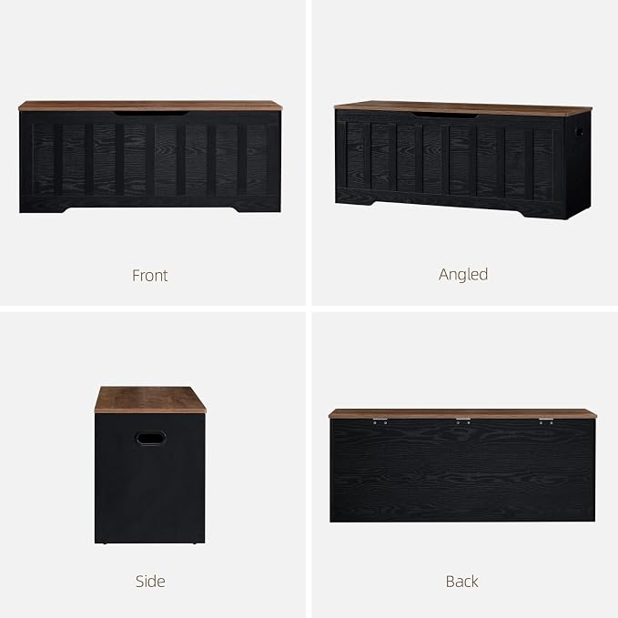 VANKILEY 47.2" Storage Chest Extra Large,Storage Trunk with 2 Safety Hinges,Wooden Storage Bench,Shoe Bench,47.2x15.7x19.1 Inch,Easy Assembly,Storage Bench for Bedroom,Living Room,entryway(Black+Brown