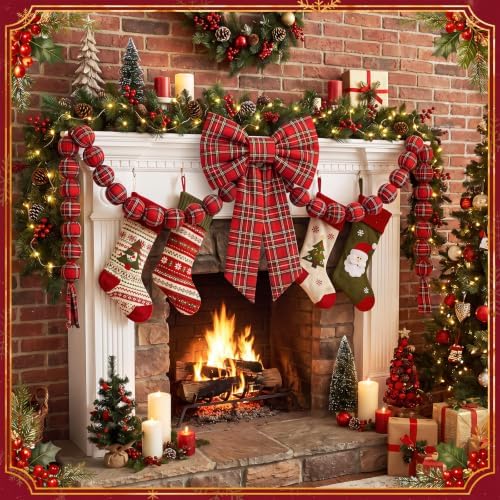 Riceshoot Christmas Tartan Plaid Ball Garland with Bow, Tree Decoration Set