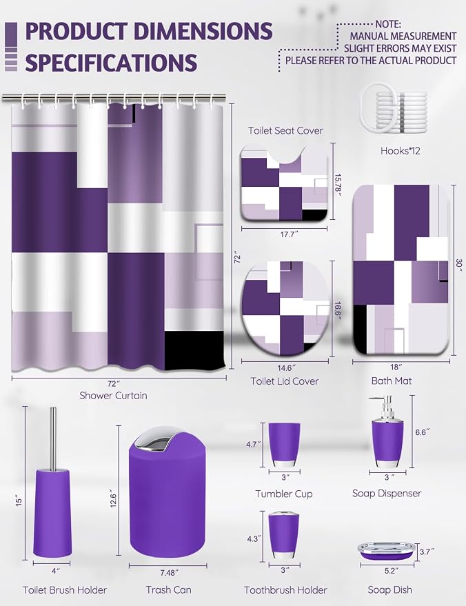 Lnond Purple Bathroom Set, 22-Piece Purple Geometic Bathroom Decor Set with with Shower Curtain and Rugs, Trash Can, Toilet Brush Holder Set & Soap Dispenser