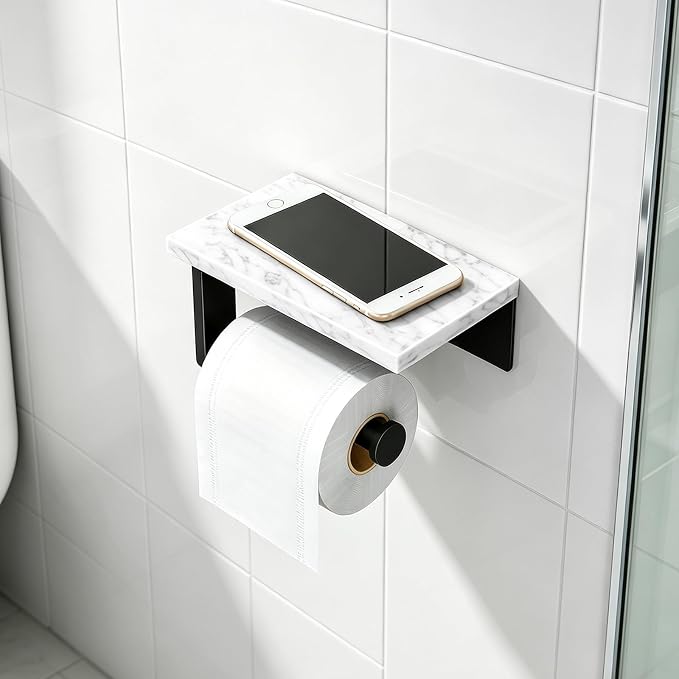 Gypie Marble Toilet Paper Holder with Shelf, 304 Stainless Steel Screw Wall Mounted, Tissue Roll Holder for Bathroom Washroom Matte Black