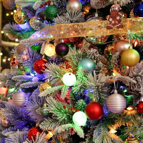 Hykolity 12 ft Prelit Snow Flocked Christmas Tree, 850 Color Changing LED Lights, Artificial Christmas Pine Tree with Red Berries, 4640 PE&PVC Branch Tips, Metal Stand and Hinged Branches, 10 Modes