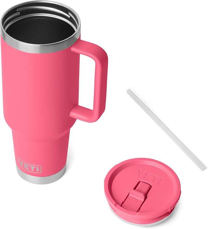 YETI Rambler 40 oz Travel Mug with Flip Straw Lid – Stainless Steel, Vacuum Insulated, Leakproof, Cup Holder Friendly, Tropical Pink