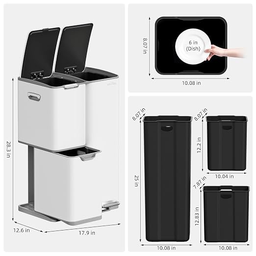 mVm 16 Gal Kitchen Trash Can, 3 Compartment Garbage Can, Heavy Duty Anti Fingerprint Brushed Recycling Bin for Office Home（White）