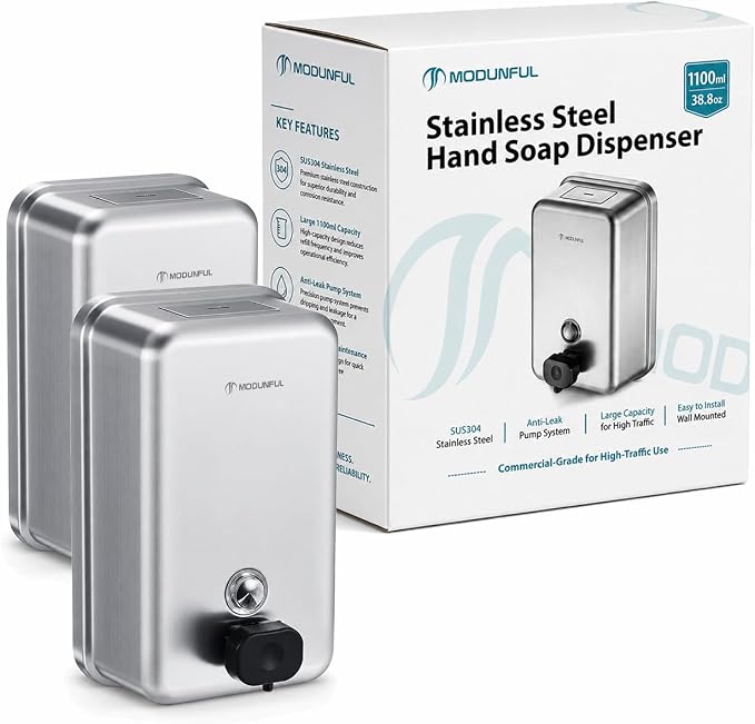 2 Pack Wall Mounted Soap Dispenser - Modunful M1 DM2922 Silver | 38.8oz Large Capacity, Commercial Grade Brushed Stainless Steel, Anti-Leak Pump, Key Lockable