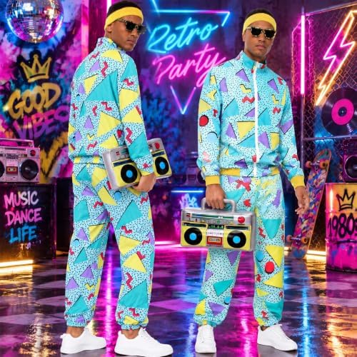 Men's 80s Outfit, Neon Retro Tracksuit for Halloween Party Costume