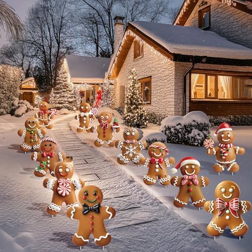 12 Pcs Christmas Gingerbread Man Yard Signs with Stakes - Xmas Gingerbread Yard Stakes Lawn Signs for Christmas Holiday Pathway Garden Patio Party Favors