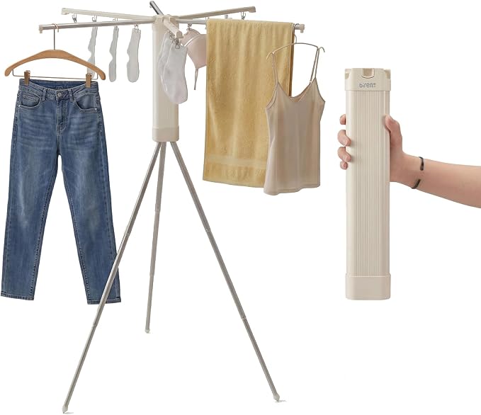 BIREN Foldable Clothes Drying Rack Tripod Clothes Rack with Clips Heavy Duty Laundry Rack Portable Clothing Racks for Travel, Camping, Hotel, Apartment, 6 Poles