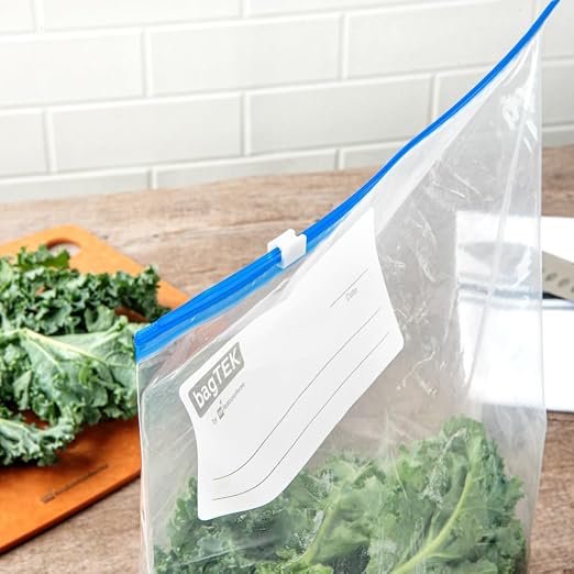 Restaurantware-Bag Tek 2 Gallon Freezer Slider Bags, 25 Disposable Zipper Pouch Bags - Slide Zipper, Expandable Bottom, Clear Plastic Freezer Bag, With Write-On-Label, For Food Storage