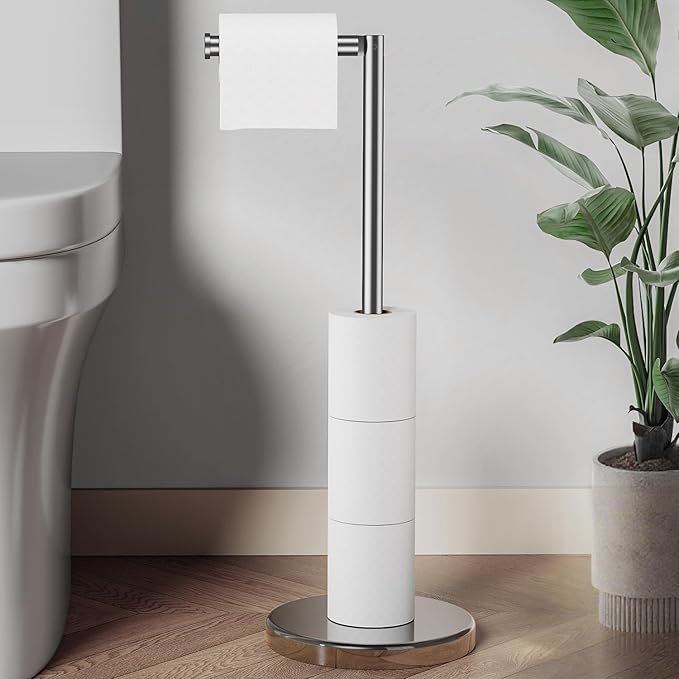 Toilet Paper Holder Stand 22.2" H Bathroom Free Standing Toilet Paper Roll Holder Storage Shelf for 4 Rolls, Stainless Steel Toilet Paper Holders with Non-Slip Stable Base, Polished Chrome