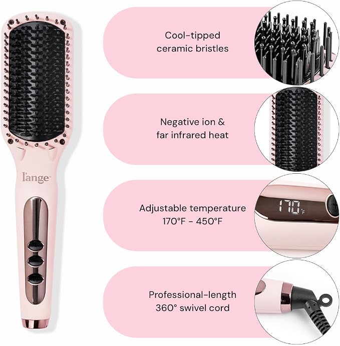 L'ANGE HAIR Le Vite Straightening Brush | Heated Hair Tool for Smoother, Frizz-Controlled Look | Dual-Voltage Hot Brush Straightener for Effortless Styling & Shine | Ceramic Standard Size (Blush)