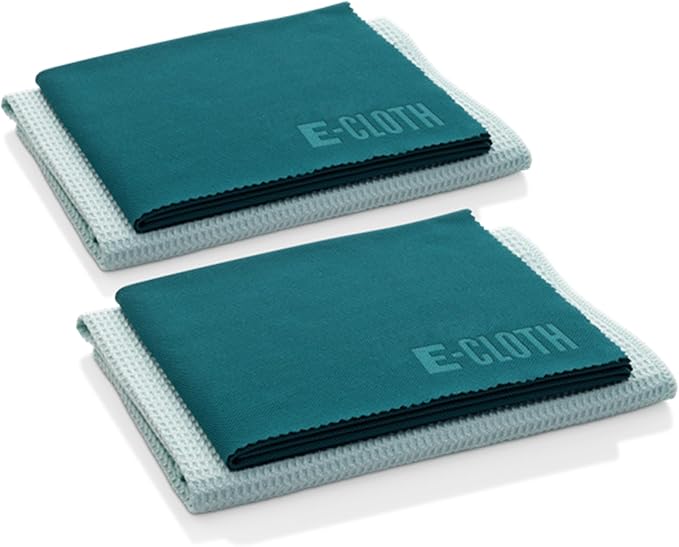 E-Cloth Microfiber Window Cleaning Cloth Kit - Glass Cleaning Cloth for Windows, Mirrors, Cars, Lenses, Eyeglasses, & More, Streak Free Clean, Machine Washable Reusable Towel - Green (2 Kits)