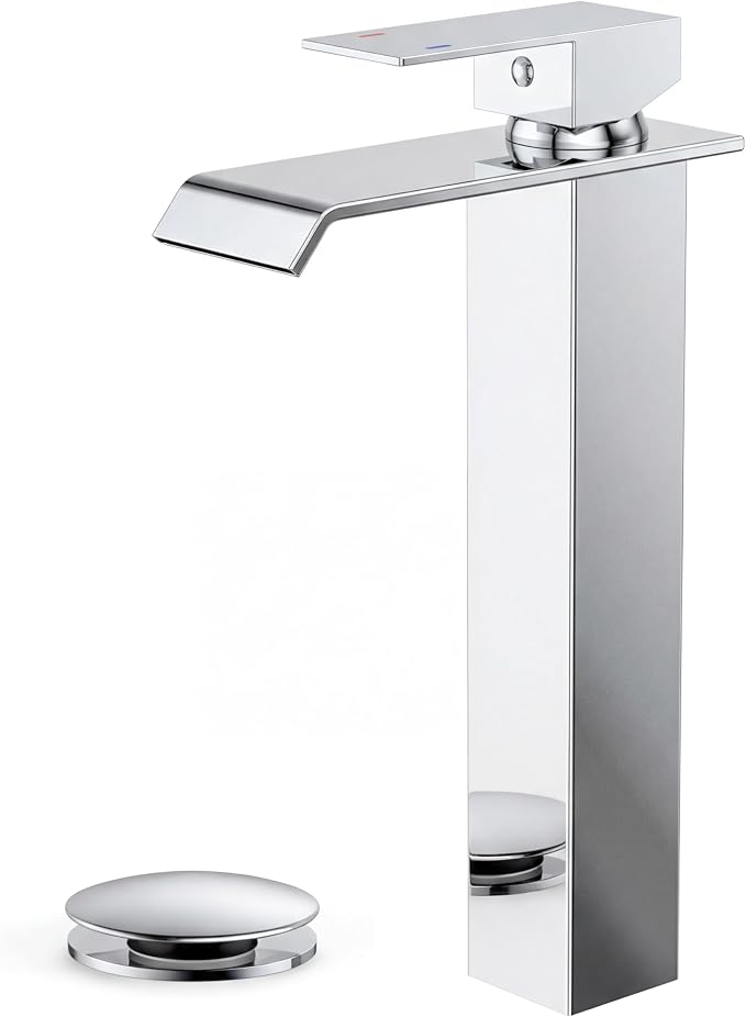 FORIOUS Vessel Bathroom Sink Faucets 1 Hole Chrome, Tall Waterfall Bathroom Faucet Single Handle with Pop Up Drain and Supply Lines for Bowel Sink, Deck Mount