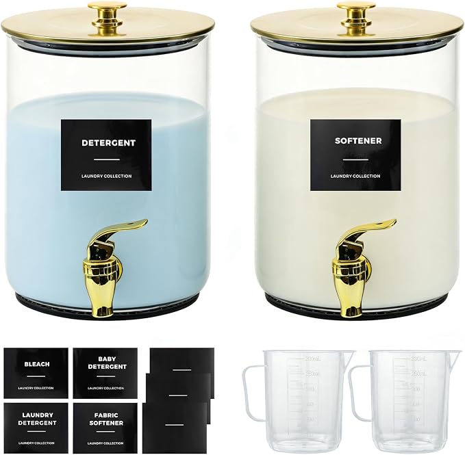 Glass Laundry Detergent Dispenser for Laundry Room Organization(2, Gold) | 1 Gallon Large Liquid Soap Dispenser with Black Metal Lid & Leak-Proof Spigot, 2 Measured Cups, 2 Silicone Mats & 9 Labels
