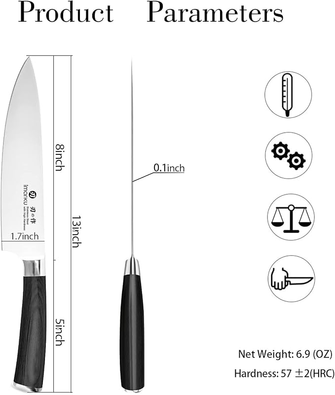 imarku 8 Inch Japanese SUS440A Stainless Steel Gyutou Chef Knife, Black | Ultra sharp kitchen knife blade, smooth polished cutting edge, comfortable Pakkawood grip, premium gift for men and women